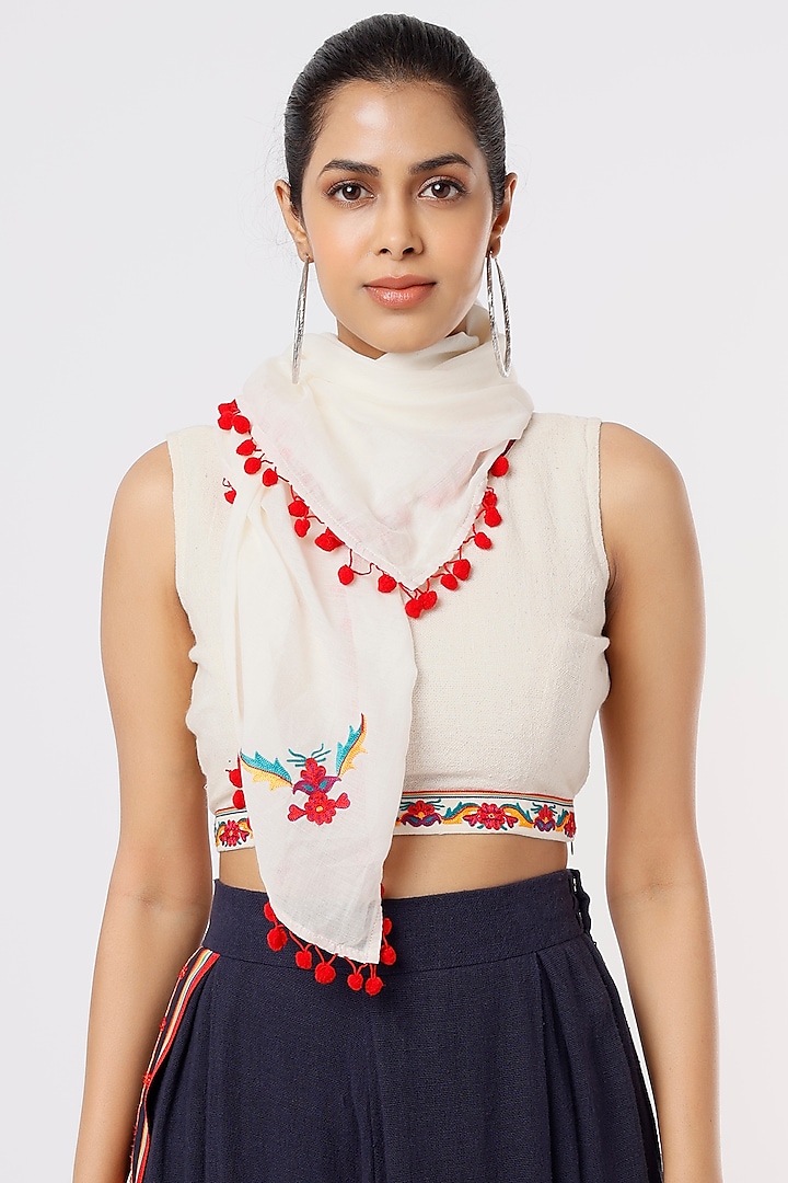 Off-White Embroidered Scarf by IKSANA